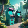 80s futuristic outdoor retro arcade, desolate, lush vegetation, Highly Detailed, Intricate, Artstation, Sharp Focus, Smooth, Octane Render, Centered, Dynamic, Elegant by Beeple, Justin Gerard, James Gilleard, Simon Stalenhag