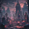 Hyper Detailed illustration of an eerie dystopian graveyard at night, 8k, Gothic and Fantasy, Horror, Epic, Sharp Focus, Deviantart by Alena Aenami, Studio Ghibli