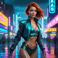 full body shot, beautiful woman walking with beatiful and detailed eyes, dynamic pose, slightly athletic beatiful body, medium-sized chest, detailed attire, Hyper Detailed, Intricate Artwork, Masterpiece, Cybernatic and Sci-Fi, Cyberpunk, Freckles, Full Lips, Red Hair, Smiling, Digital Illustration, Cityscape, Blade Runner 2049, Neon light effect, Realistic, Sharp Focus, Wide Angle, Neon, Dripping Colors, Matte, Futurism, Artwork, Dieselpunk, Colorful, Dynamic, Elegant, Expressive, Graceful, Hot, Gloomy, Sad, Stormy, Terrifying, Tired