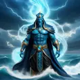 A celestial Blue-skinned God of the Seas, Storms, and Exploring emanating power of the seas, wearing half-leather, shrouded in storms in the style of digital art, 8k, Fantasy