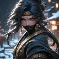 Mysterious beautiful armed kunoichi ninja wearing eyeliner and gold jewelry in the dark snowy streets of tokyo, 8k, Intricate Details, Trending on Artstation, Beautiful, Stunning, Centered by Stanley Artgerm Lau, WLOP