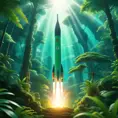 Studio ghibli, rocket explosion, jungle, solar, green technology, optimist future, 8k, Bokeh effect, Cinematic Lighting, Iridescence, Vibrant by Greg Rutkowski, WLOP