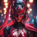 Asian cyberpunk feme fatale in expensive red dress with mask at a masquerade ball smart but dangerous in a high-tech club., Cyberpunk, Photo Realistic