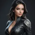 Alluring matte half body portrait of a beautiful Sona wearing tight black leather, 8k, Highly Detailed, Intricate, Realistic, Sharp Focus, Volumetric Lighting, Fantasy, Elegant by Stanley Artgerm Lau, WLOP