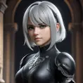 Alluring matte half body portrait of a beautiful 2B from Nier Automata wearing tight black leather, 8k, Highly Detailed, Intricate, Realistic, Sharp Focus, Volumetric Lighting, Fantasy, Elegant by Stanley Artgerm Lau, WLOP