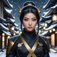 Mysterious beautiful armed kunoichi ninja wearing eyeliner and gold jewelry in the dark snowy streets of tokyo, 8k, Intricate Details, Trending on Artstation, Beautiful, Stunning, Centered by Stanley Artgerm Lau, WLOP