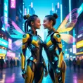 A Cyberpunk half bee and half Human girl with vizor, Cybernatic and Sci-Fi, Cityscape, Bloom light effect, Colorful, Ecstatic, Exciting, Joyful