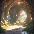 Arc hallway for secret overwatch habitation quarters carved inside a cave surrounding a lush garden, 8k, Trending on Artstation, Minimalism, Unimaginable Beauty, Sharp Focus, 3D Rendering, Unreal Engine, Natural Light, Concept Art, Naturalism