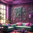 Imagine a modern and technology-inspired living room with a unique twist. The centerpiece of the room is a striking circuit board interior wallpaper that covers one wall. The wallpaper features intricate circuit board diagrams, electronic symbols, and vibrant metallic tones, Vintage Illustration, Retro-Futurism, Sci-Fi by Greg Rutkowski