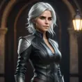 Alluring matte full body portrait of a beautiful Ciri wearing a black leather suit, 8k, Highly Detailed, Intricate, Realistic, Sharp Focus, Volumetric Lighting, Fantasy, Elegant by Stanley Artgerm Lau, WLOP