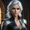 Alluring matte half body portrait of a beautiful Ciri wearing tight black leather, 8k, Highly Detailed, Intricate, Realistic, Sharp Focus, Volumetric Lighting, Fantasy, Elegant by Stanley Artgerm Lau, WLOP