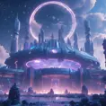 Distant view of a large round indigo temple in the center of a futuristic community. Extraterrestrial landscape. The moon and stars can be seen in the sky even during the day., 8k, Sci-Fi