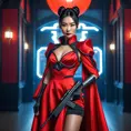 A dangerously armed asian feme fatale in silk red dress at a masquerade ball, Cyberpunk, Sci-Fi, Photo Realistic