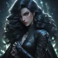 Alluring matte portrait of a beautiful Yennefer in black leather, 8k, Full Body, Realistic, Volumetric Lighting, Fantasy by Stanley Artgerm Lau, WLOP