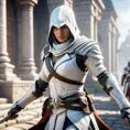 A female assassin in white Assassins Creed armor emerging from battle, 8k, Artstation, Beautiful, Unreal Engine, Volumetric Lighting