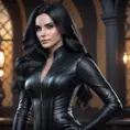 Alluring matte portrait of a beautiful Yennefer wearing a black leather full body suit, 8k, Highly Detailed, Intricate, Realistic, Sharp Focus, Volumetric Lighting, Fantasy, Elegant by Stanley Artgerm Lau, WLOP