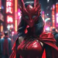 Asian cyberpunk feme fatale in expensive red dress with mask at a masquerade ball smart but dangerous in a high-tech club., Cyberpunk, Photo Realistic