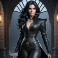 Alluring matte portrait of a beautiful Yennefer in black leather, 8k, Full Body, Realistic, Volumetric Lighting, Fantasy by Stanley Artgerm Lau, WLOP