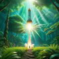 Studio ghibli, rocket explosion, jungle, solar, green technology, optimist future, 8k, Bokeh effect, Cinematic Lighting, Iridescence, Vibrant by Greg Rutkowski, WLOP