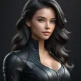 Alluring matte half body portrait of a beautiful A2 wearing tight black leather, 8k, Highly Detailed, Intricate, Realistic, Sharp Focus, Volumetric Lighting, Fantasy, Elegant by Stanley Artgerm Lau, WLOP