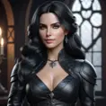 Alluring matte half body portrait of a beautiful Yennefer wearing tight black leather, 8k, Highly Detailed, Intricate, Realistic, Sharp Focus, Volumetric Lighting, Fantasy, Elegant by Stanley Artgerm Lau, WLOP