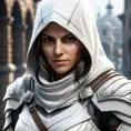 A closeup of a female assassin in white Assassins Creed armor, 8k, Highly Detailed, Artstation, Beautiful, Digital Illustration, Sharp Focus, Unreal Engine, Concept Art