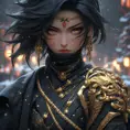 Mysterious beautiful armed kunoichi ninja wearing eyeliner and gold jewelry in the dark snowy streets of tokyo, 8k, Intricate Details, Trending on Artstation, Beautiful, Stunning, Centered by Stanley Artgerm Lau, WLOP