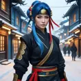 Mysterious beautiful kunoichi ninja with blue hair wearing black, red, and gold jewelry in the streets of a dark snowy town in russia, 8k, Intricate Details, Trending on Artstation, Red Hair by Stanley Artgerm Lau, WLOP