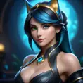 Alluring matte portrait of a beautiful Sona from League of Legends in black leather, 8k, Half Body, Realistic, Volumetric Lighting, Fantasy by Stanley Artgerm Lau, WLOP