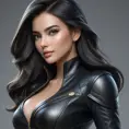 Alluring matte half body portrait of a beautiful Sona wearing tight black leather, 8k, Highly Detailed, Intricate, Realistic, Sharp Focus, Volumetric Lighting, Fantasy, Elegant by Stanley Artgerm Lau, WLOP