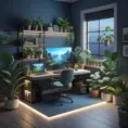 Nostalgic bedroom with a gaming pc, windows, plants bookshelves, desk, 3d art, muted colors, perfect lighting, night time, Highly Detailed, Behance, Isometric, 3D Rendering, Concept Art by WLOP