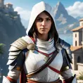 Kassandra from Assassins Creed in white armor, 8k, Highly Detailed, Artstation, Beautiful, Digital Illustration, Sharp Focus, Unreal Engine, Concept Art