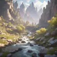 Lake in mountains streams and rivers flow down slopes of mountains and rocks into the valley spring in mountains, 8k, Award-Winning, Highly Detailed, Beautiful, Octane Render, Unreal Engine, Radiant, Volumetric Lighting by Greg Rutkowski