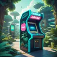 80s futuristic outdoor retro arcade, desolate, lush vegetation, Highly Detailed, Intricate, Artstation, Sharp Focus, Smooth, Octane Render, Centered, Dynamic, Elegant by Beeple, Justin Gerard, James Gilleard, Simon Stalenhag