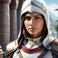 A closeup of Kassandra from Assassins Creed in white armor, 8k, Highly Detailed, Artstation, Beautiful, Digital Illustration, Sharp Focus, Unreal Engine, Concept Art