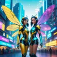 A Cyberpunk half bee and half Human girl with vizor, Cybernatic and Sci-Fi, Cityscape, Bloom light effect, Colorful, Ecstatic, Exciting, Joyful