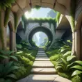 Arc hallway for secret overwatch habitation quarters carved inside a cave surrounding a lush garden, 8k, Trending on Artstation, Minimalism, Unimaginable Beauty, Sharp Focus, 3D Rendering, Unreal Engine, Natural Light, Concept Art, Naturalism