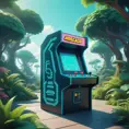 80s futuristic outdoor retro arcade, desolate, lush vegetation, Highly Detailed, Intricate, Artstation, Sharp Focus, Smooth, Octane Render, Centered, Dynamic, Elegant by Beeple, Justin Gerard, James Gilleard, Simon Stalenhag