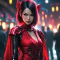 A dangerously armed asian feme fatale in silk red dress at a masquerade ball, Cyberpunk, Sci-Fi, Photo Realistic