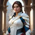 Alluring matte portrait of a fierce looking Kassandra in white Assassin's Creed armor, 8k, Highly Detailed, Intricate, Half Body, Realistic, Sharp Focus, Volumetric Lighting, Fantasy, Elegant by Stanley Artgerm Lau, Alphonse Mucha, WLOP