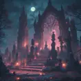 Hyper Detailed illustration of an eerie dystopian graveyard at night, 8k, Gothic and Fantasy, Horror, Epic, Sharp Focus, Deviantart by Alena Aenami, Studio Ghibli