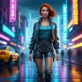 full body shot, beautiful woman walking with beatiful and detailed eyes, dynamic pose, slightly athletic beatiful body, medium-sized chest, detailed attire, Hyper Detailed, Intricate Artwork, Masterpiece, Cybernatic and Sci-Fi, Cyberpunk, Freckles, Full Lips, Red Hair, Smiling, Digital Illustration, Cityscape, Blade Runner 2049, Neon light effect, Realistic, Sharp Focus, Wide Angle, Neon, Dripping Colors, Matte, Futurism, Artwork, Dieselpunk, Colorful, Dynamic, Elegant, Expressive, Graceful, Hot, Gloomy, Sad, Stormy, Terrifying, Tired