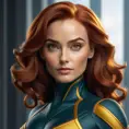 Alluring matte portrait of a beautiful Jean Grey from Xmen in the style of Stefan Kostic, 8k, Highly Detailed, Intricate, Half Body, Realistic, Sharp Focus, Volumetric Lighting, Fantasy, Elegant by Stanley Artgerm Lau, Greg Rutkowski