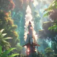 Studio ghibli, rocket explosion, jungle, solar, green technology, optimist future, 8k, Bokeh effect, Cinematic Lighting, Iridescence, Vibrant by Greg Rutkowski, WLOP