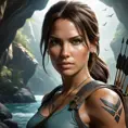 Matte portrait of a beautiful Lara Croft in a cave with arrows, 8k, Highly Detailed, Intricate, Realistic, Sharp Focus, Volumetric Lighting, Fantasy, Elegant by Stanley Artgerm Lau, WLOP, Stefan Kostic