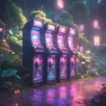 80s futuristic outdoor retro arcade, desolate, lush vegetation, Highly Detailed, Intricate, Artstation, Sharp Focus, Smooth, Octane Render, Centered, Dynamic, Elegant by Beeple, Justin Gerard, James Gilleard, Simon Stalenhag