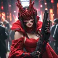 A dangerously armed asian feme fatale in silk red dress at a masquerade ball, Cyberpunk, Sci-Fi, Photo Realistic