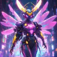 A Cyberpunk half bee and half Human girl with vizor, Cybernatic and Sci-Fi, Cityscape, Bloom light effect, Colorful, Ecstatic, Exciting, Joyful