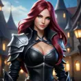 Alluring matte portrait of a beautiful Katarina from League of Legends in black leather, 8k, Half Body, Realistic, Volumetric Lighting, Fantasy by Stanley Artgerm Lau, WLOP