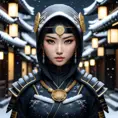 Mysterious beautiful armed kunoichi ninja wearing eyeliner and gold jewelry in the dark snowy streets of tokyo, 8k, Intricate Details, Trending on Artstation, Beautiful, Stunning, Centered by Stanley Artgerm Lau, WLOP